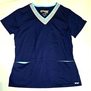 Grey's Anatomy Active Scrub Top Navy Blue with Grey & Sky Blue Trim Size Large